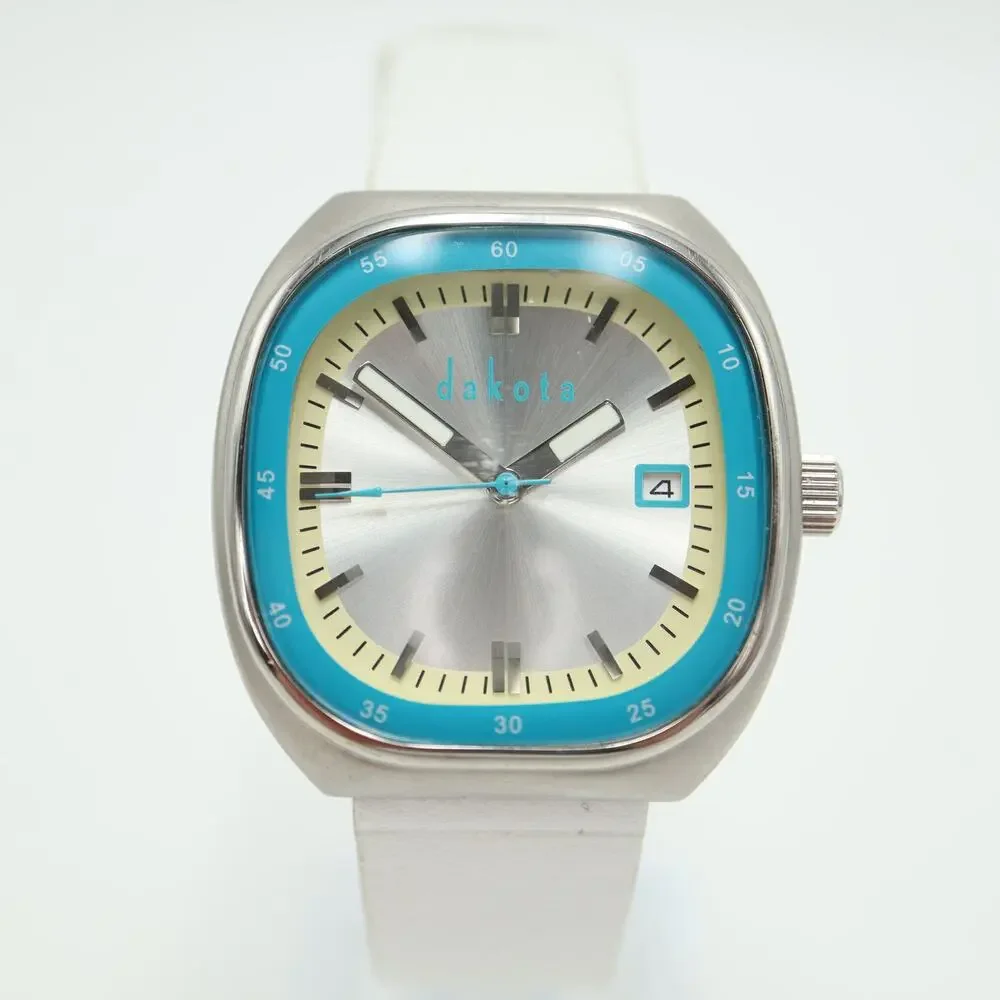 Dakota Unisex Silver Blue 35mm TV Date Dial Watch White Leather w New Battery